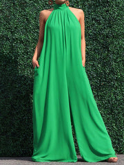 Sleeveless Wide Leg Solid Color High-Neck Jumpsuits