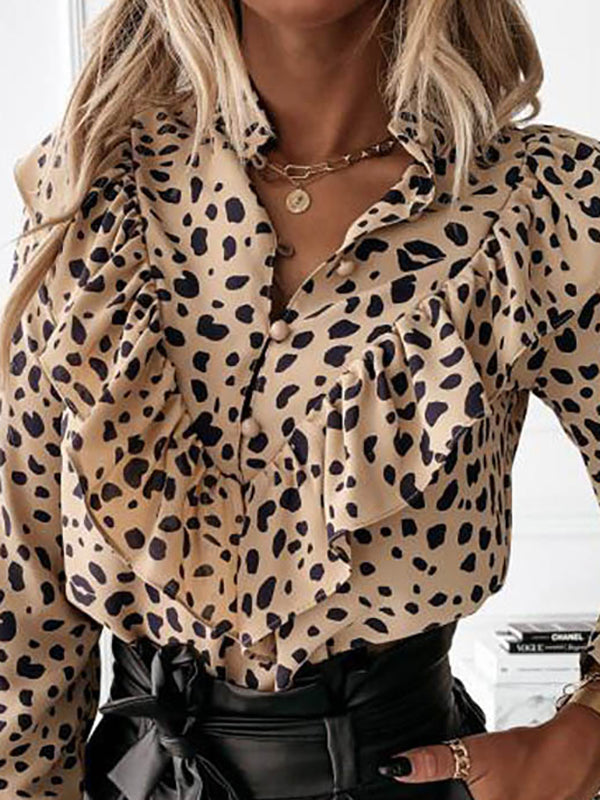 Buttoned Leopard Pleated Ruffled Long Sleeves Loose V-Neck Blouses&Shirts Tops