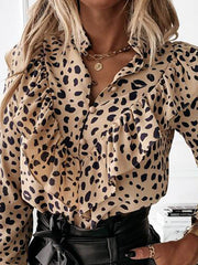 Buttoned Leopard Pleated Ruffled Long Sleeves Loose V-Neck Blouses&Shirts Tops