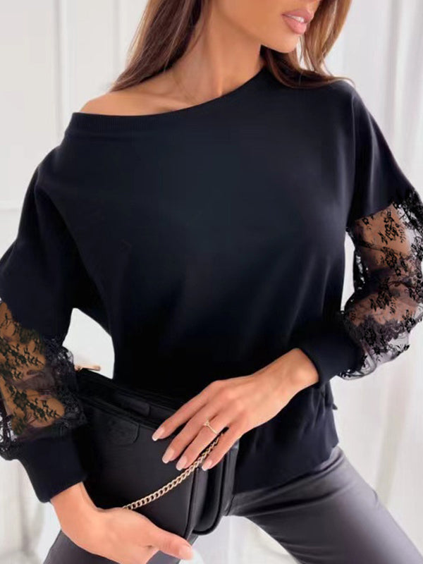 Mesh Solid Color Split-Joint Long Sleeves Loose Round-Neck T-Shirts Tops