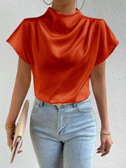 Pleated Solid Color Loose Short Sleeves Mock Neck T-Shirts Tops