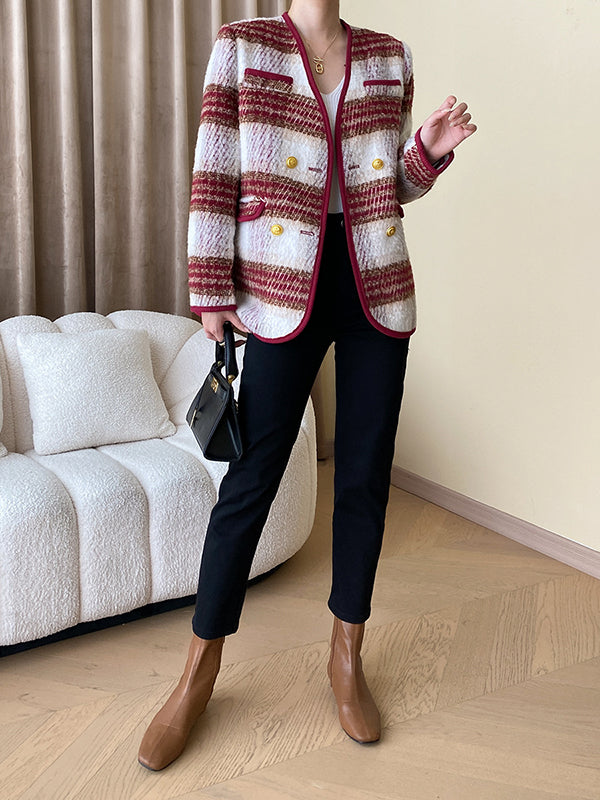 Buttoned Contrast Color Plaid Long Sleeves V-Neck Outerwear Jackets