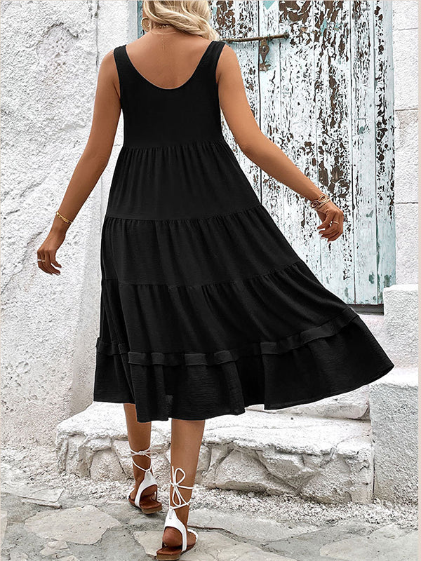 Buttoned Solid Color Tiered Loose Sleeveless Round-neck Midi Dresses