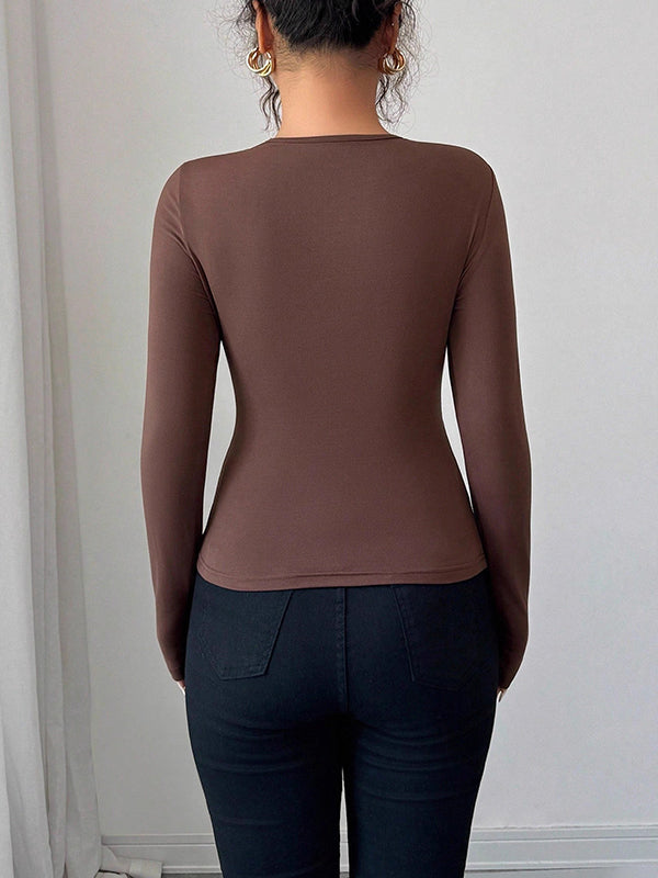 Solid Color Split-Joint Long Sleeves Skinny Asymmetric Collar T-Shirts