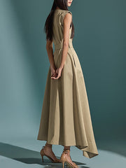 Belted Buttoned Pockets Solid Color A-Line High Waisted Round-Neck Maxi Dresses