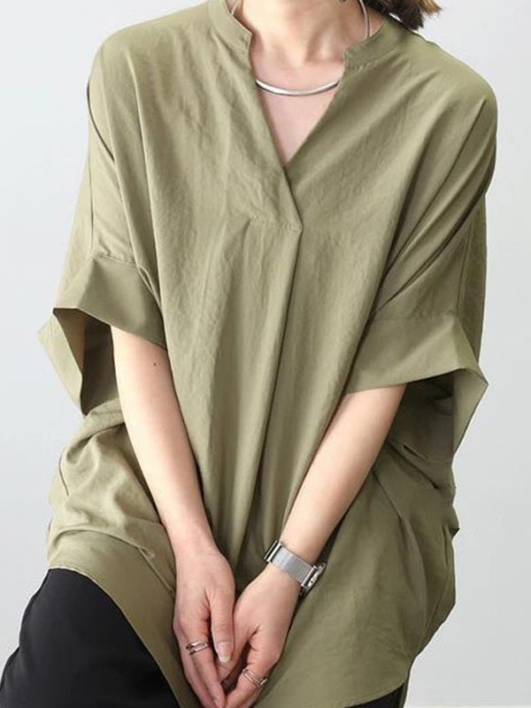 Pleated Solid Color Split-Joint Half Sleeves High-low V-neck Blouses&shirts Tops