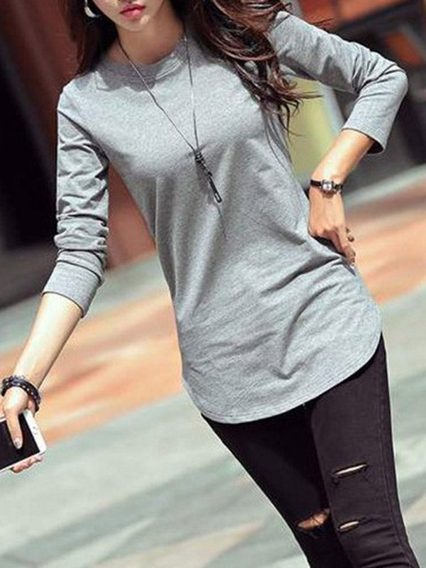 Solid Color Long Sleeves Round-Neck T-Shirts Tops