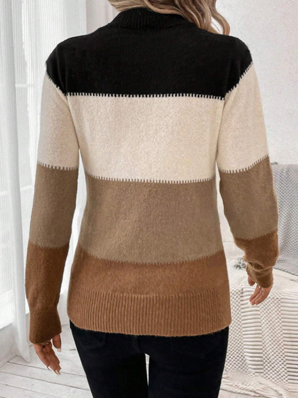 Contrast Color Long Sleeves Round-Neck Sweater Tops Pullovers