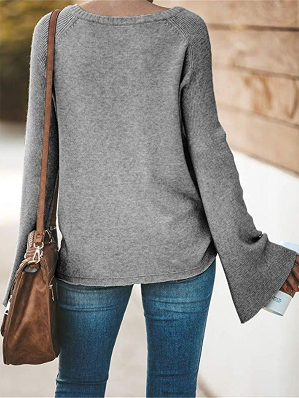 Casual Long Sleeves Loose Solid Color V-Neck Sweater Tops