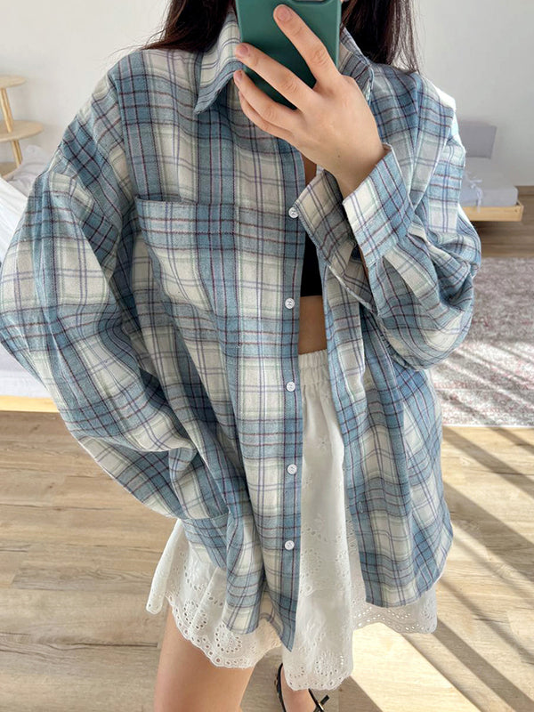 Buttoned Plaid Pockets Long Sleeves Loose Lapel Outerwear Blouses&Shirts Tops