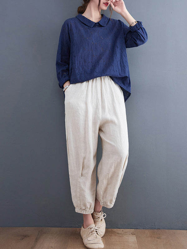 Loose 3 Colors Embroidered Hollow Lapel Collar Long Sleeves T-Shirt