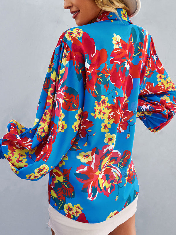 Buttoned Elasticity Flower Print Long Sleeves Loose Lapel Blouses&Shirts Tops