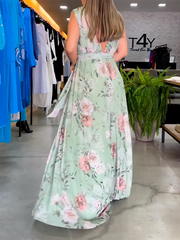 Bandage Floral Printed V-Back V-Neck Maxi Dresses