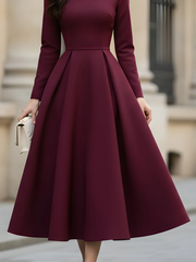 Pleated Solid Color A-Line High Waisted V-Neck Maxi Dresses