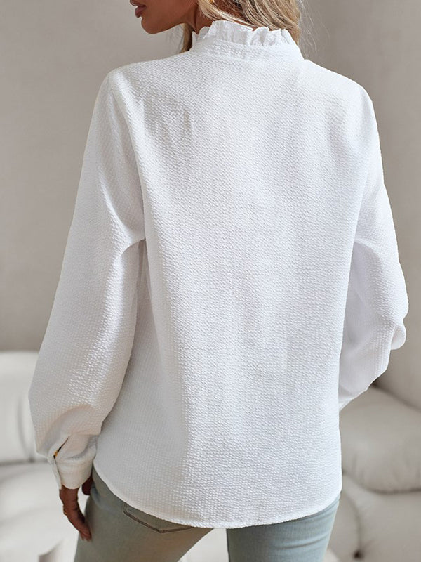Pleated Ruffled See-Through Solid Color Split-Joint Long Sleeves Loose Stand Collar Blouses&Shirts Tops