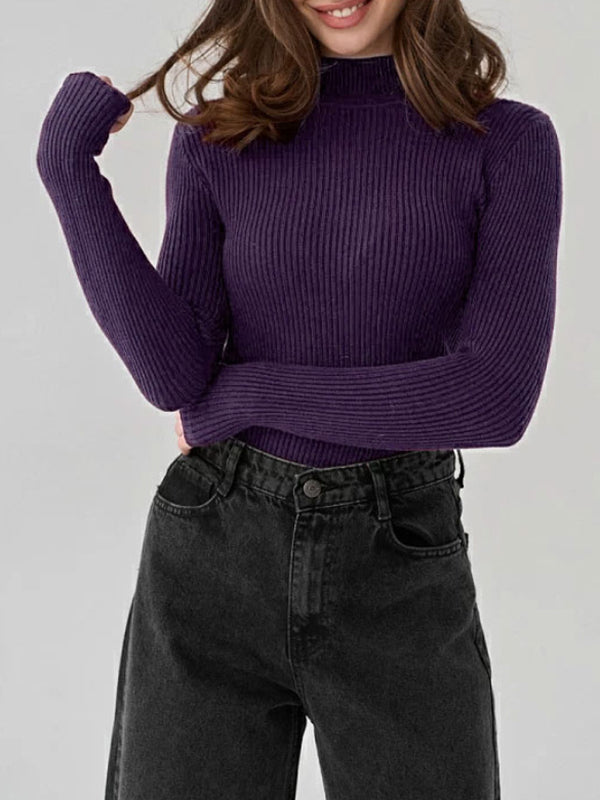 Solid Color Split-Joint Long Sleeves Skinny High Neck Sweater Tops