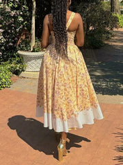 Buttoned Flower Print Pleated A-Line High Waisted Spaghetti-Neck Maxi Dresses