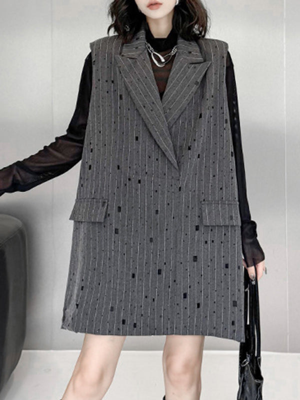 Striped Loose Sleeveless Lapel Vest Top