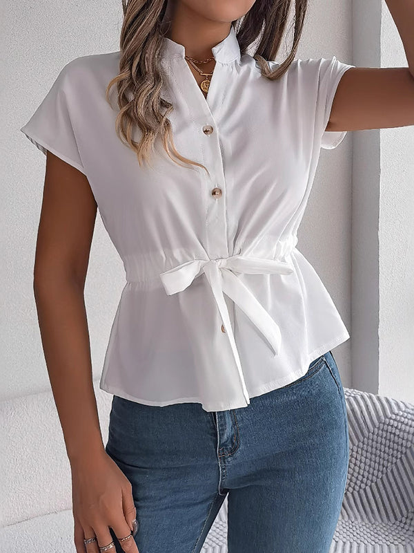 Buttoned Comfort Solid Color Tied Waist Short Sleeves Stand Collar Blouses&Shirts Tops