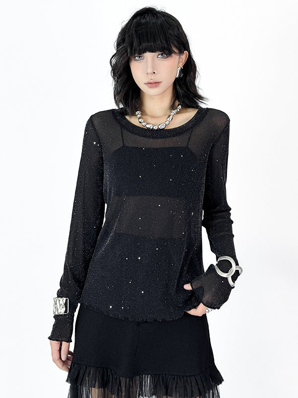 See-Through Shiny Long Sleeves Loose Round-Neck T-Shirts Tops