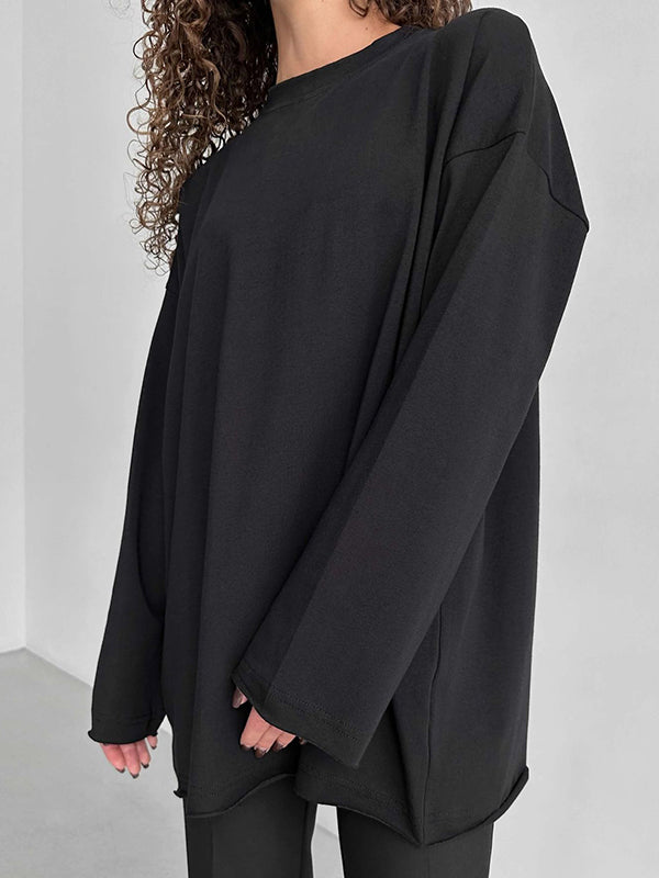Solid Color Long Sleeves Loose Round-Neck T-Shirts Tops