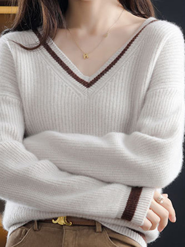 Urban Loose Long Sleeves Contrast Color V-Neck Sweater Tops
