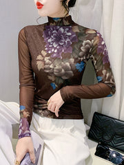 Floral Printed See-Through Split-Joint Long Sleeves Plus Size High Neck T-Shirts