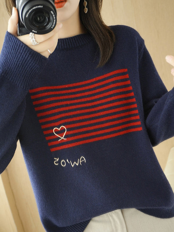 Casual Loose Long Sleeves Striped Round-Neck Sweater Tops