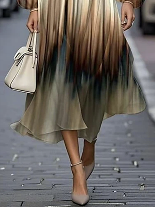 Gradient Pleated Split-Joint Loose Puff Sleeves V-neck Midi Dresses Evening Dresses