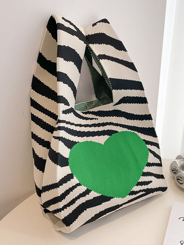 Heart Print Zebra-Stripe Woven Handbag Bags