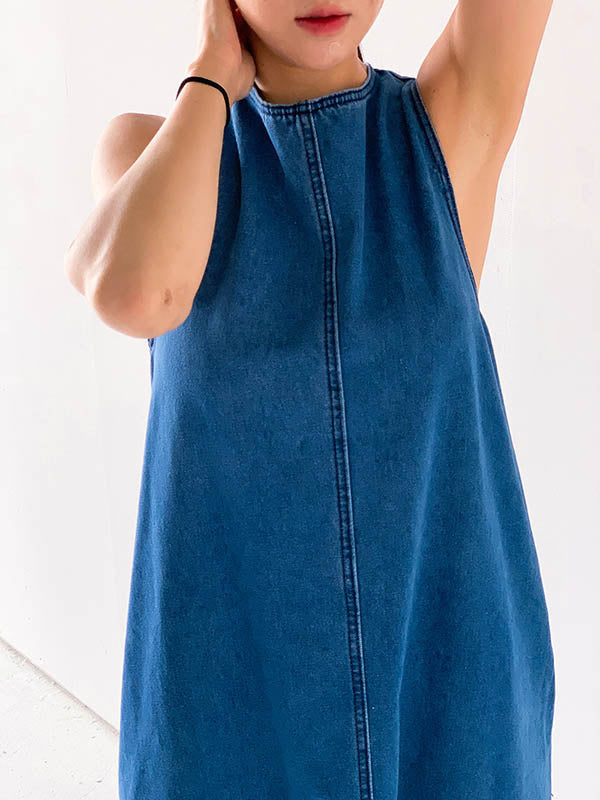 Pockets Solid Color Tied A-Line Loose Round-Neck Maxi Dresses