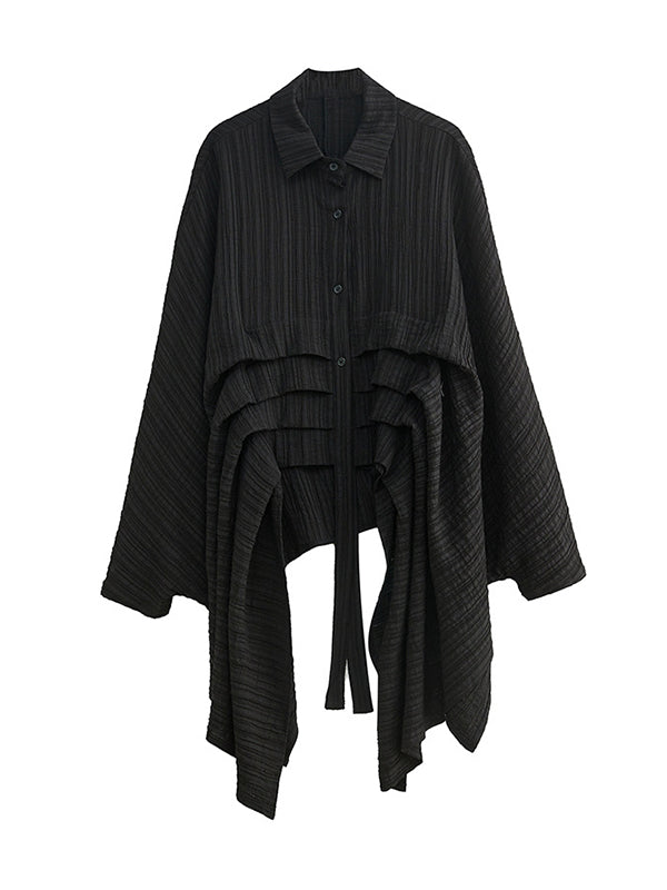 Pleated Solid Color Cropped Long Sleeves Lapel Blouses&shirts Tops