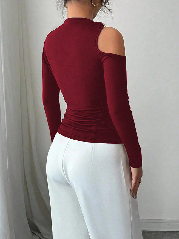 Asymmetric Solid Color Long Sleeves Skinny Asymmetric Neckline T-Shirts