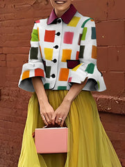 Flared Sleeves Multi-Colored Plaid Lapel Collar Jackets Outerwear