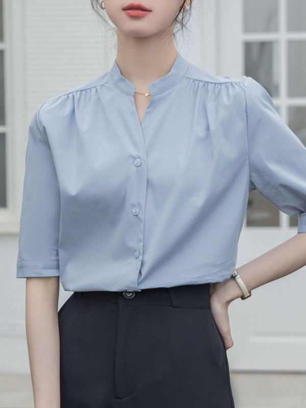 Buttoned Pleated Solid Color Split-Joint Half Sleeves Loose Stand Collar Blouses&Shirts Tops