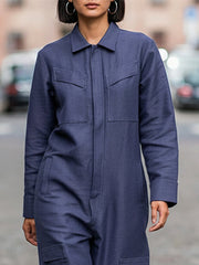 Long Sleeves Loose Solid Color Zipper Lapel Jumpsuits