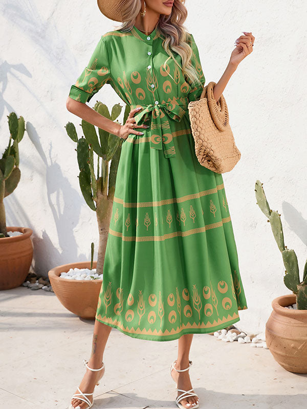 Buttoned Tied Waist A-Line Half Sleeves Lapel Midi Dresses