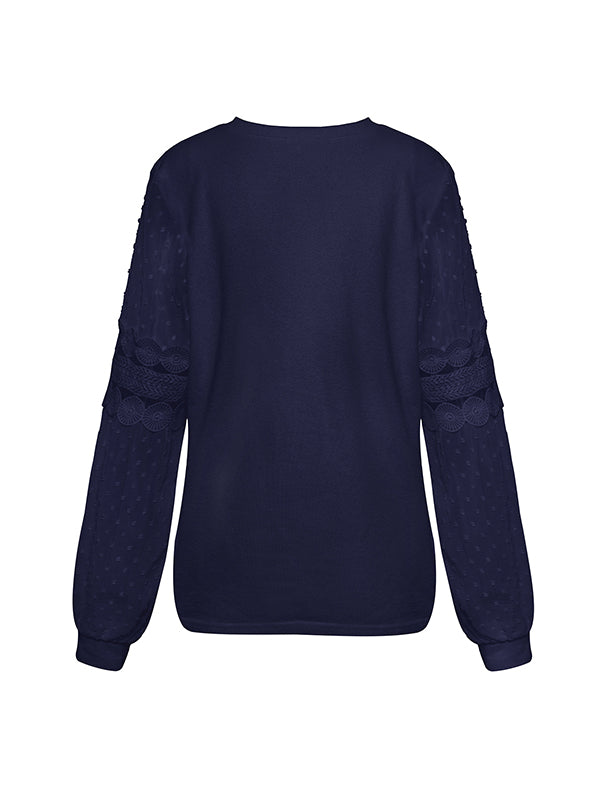 Hollow Solid Color Split-Joint Long Sleeves Puff Sleeves Round-Neck T-Shirts Tops