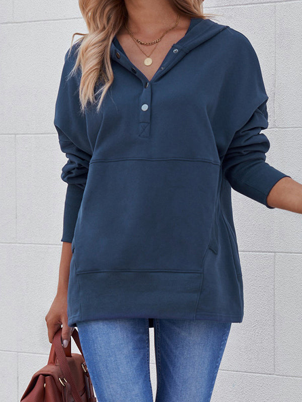 Buttoned Hooded Split-Joint Batwing Sleeves Long Sleeves V-Neck Hoodies Tops