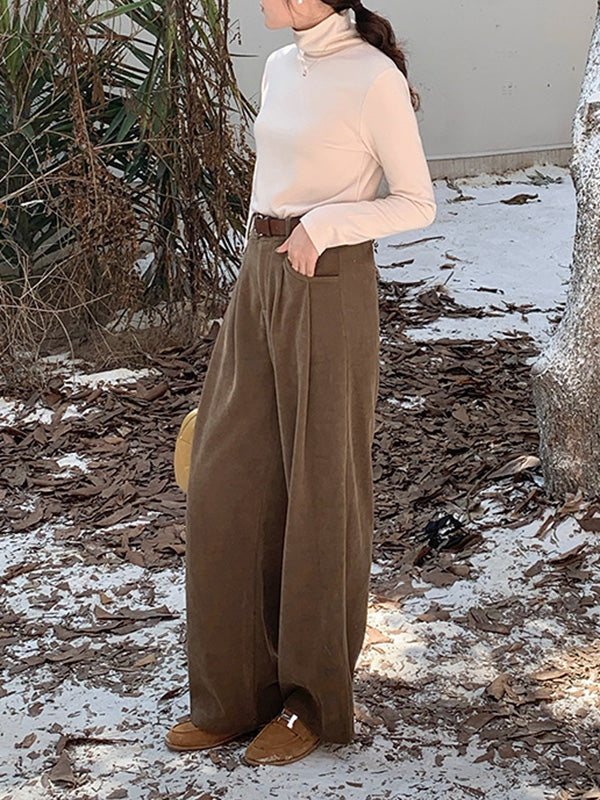High-Waisted Pleated Solid Color Split-Joint Loose Wide Leg Trousers Pants