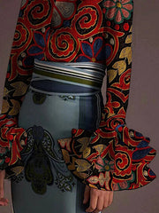 Buttoned Flower Print Flared Sleeves Long Sleeves Lapel Blouses&Shirts Tops