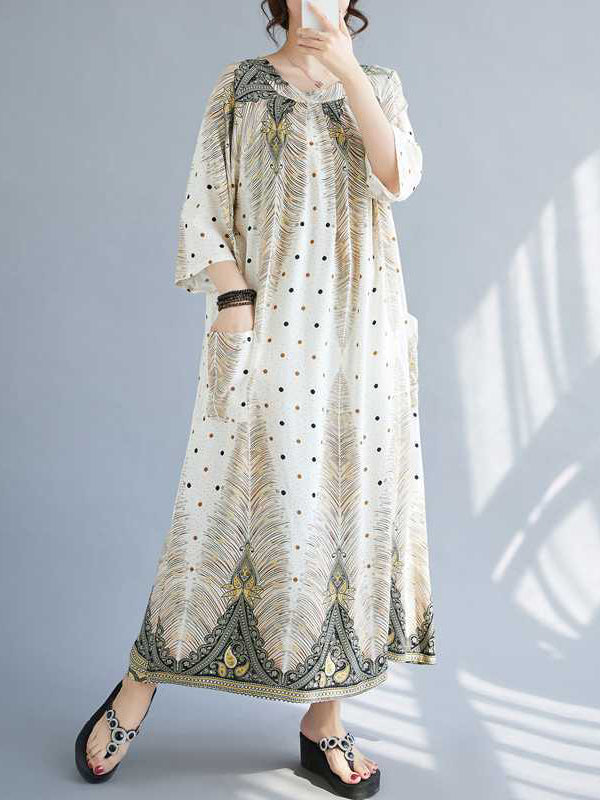 Pleated Pockets Polka-Dot Printed Half Sleeves High Waisted Round-Neck Midi Dresses