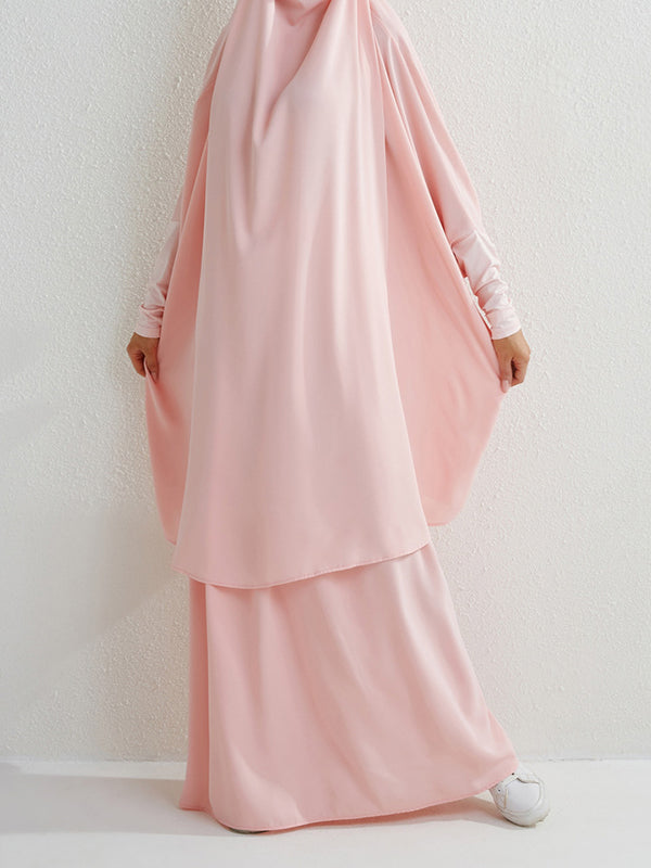 Solid Color Batwing Sleeves Long Sleeves Muslim High Neck Shirts Top + Skirts Bottom Two Pieces Set