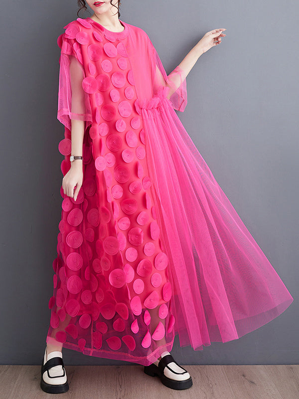 Asymmetric Gauze Split-Joint Loose Short Sleeves Round-Neck Midi Dresses