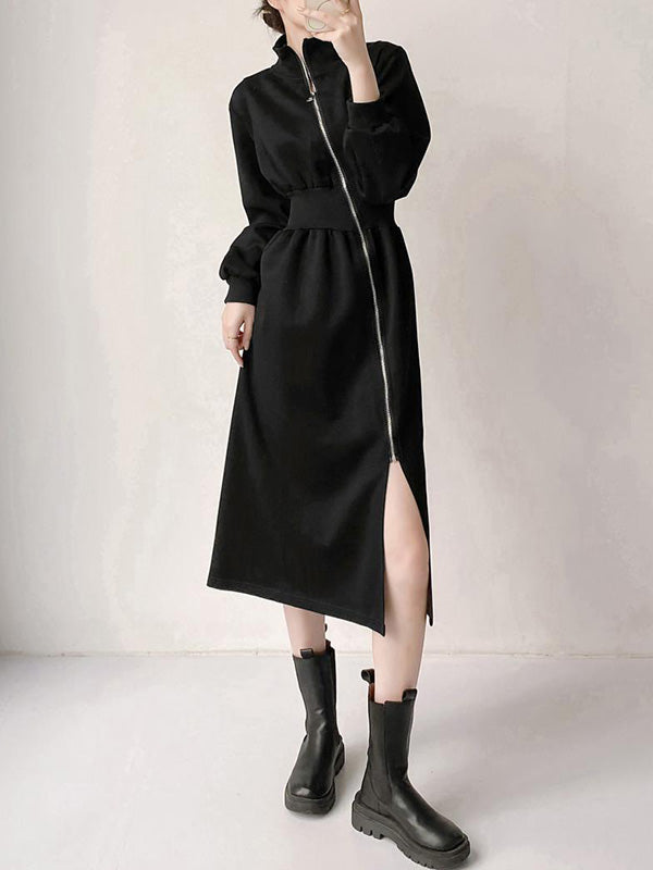 Asymmetric Split-Front Zipper Long Sleeves High Neck Midi Dresses