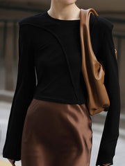 Asymmetric Shoulder Pad Solid Color Split-Joint Long Sleeves Skinny Round-Neck T-Shirts Tops