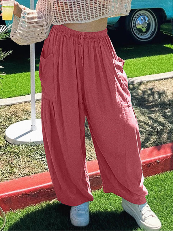 Drawstring Elasticity Pleated Pockets Solid Color High Waisted Loose Trousers Ninth Pants