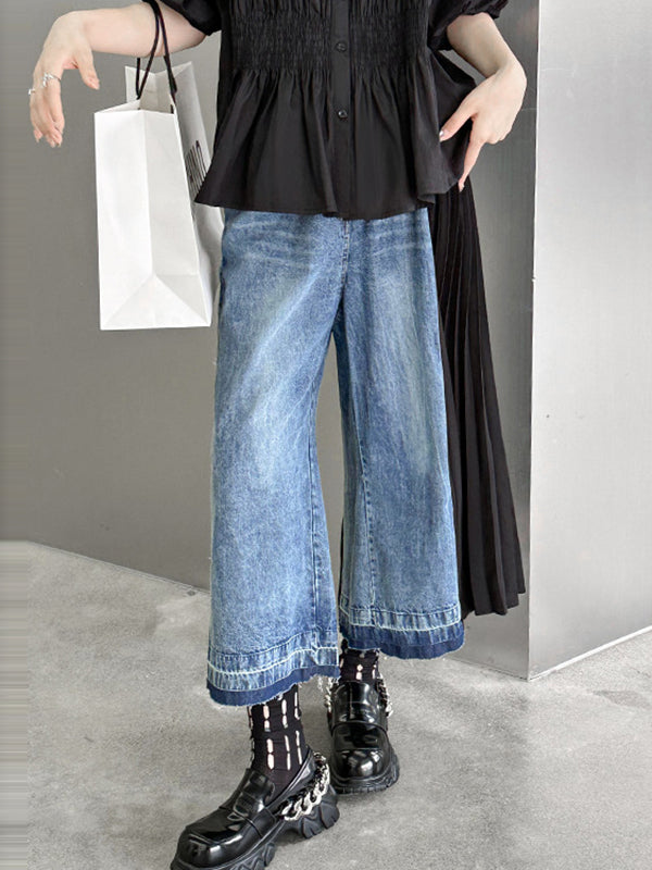 Contrast Color Pleated Split-Joint Loose Ninth Pants Jean Pants Bottoms