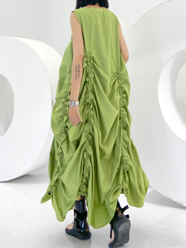 Pleated Solid Color Loose Sleeveless Round-neck Midi Dresses