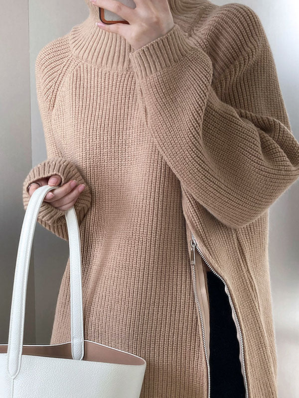 Urban Loose Long Sleeves Split-Side Solid Color Zipper Halter-Neck Sweater Tops